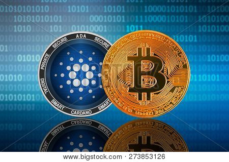 Bitcoin (btc) And Cardano (ada) Coin On The Binary Code Background; Bitcoin Vs Cardano