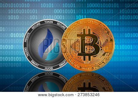 Bitcoin (btc) And Huobi Token (ht) On The Binary Code Background; Bitcoin Vs Huobi