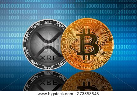 Bitcoin (btc) And Xrp Coin On The Binary Code Background; Bitcoin Vs Xrp
