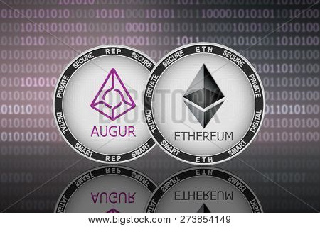 Ethereum (eth) And Augur (rep) Coins On The Binary Code Background; Ethereum Vs Augur