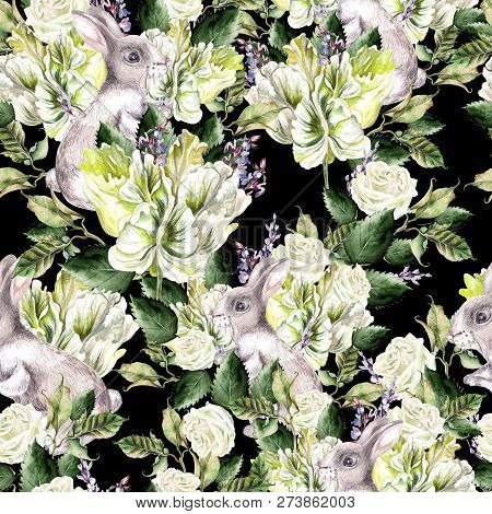 Watercolor Pattern With Fanny Banny, Green Leaves,lavender And Tulip Flowers. Perfect For Fabric, Pa