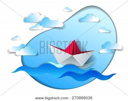 Paper Ship Swimming In Sea Waves, Origami Folded Toy Boat Floating In The Ocean With Beautiful Sceni