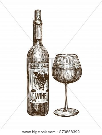 Wine Bottle And Glass. Alcoholic Drink. Vintage Sketch Vector