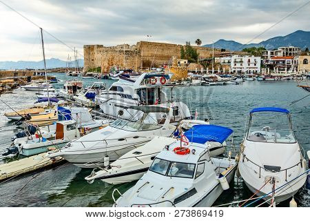 Kyrenia Or Girne  Historical City Center, View To Marina With Many Yachts And Boats With Venetian Ca