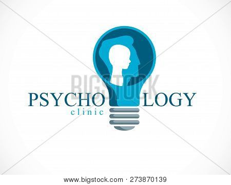 Psychology Vector Logo Created With Man Head Profile And Little Child Boy Inside The Idea Light Bulb