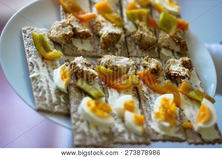 Healthy Food Concept. Sweet Peppers,  Egg, Toast, Baked Chicken. Copy Space For Text, Logo Or Brand.