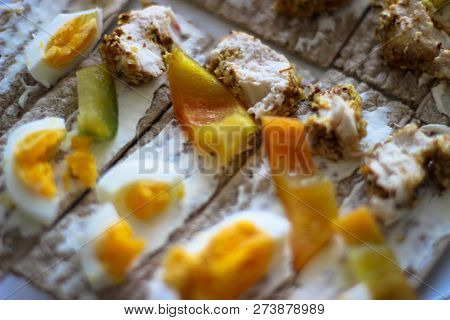 Healthy Food Concept. Sweet Peppers,  Egg, Toast, Baked Chicken. Copy Space For Text, Logo Or Brand.