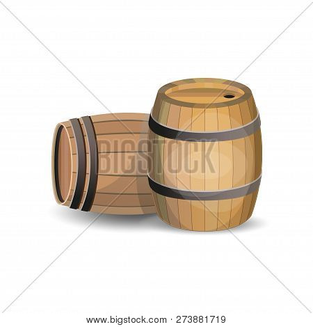 Two Wooden Barrels Isolated On White Background. Vector Illustration
