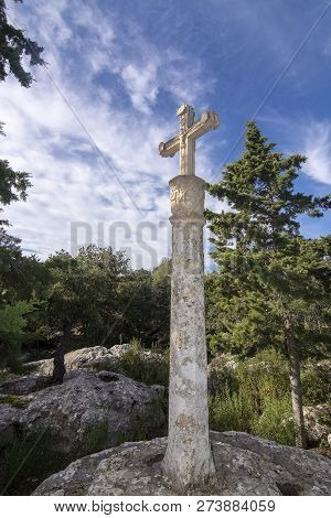 White Stone Cross Standing In Evergreen Forest