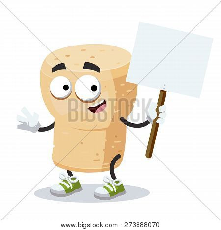 Cartoon Joyful Wine Cork Mascot With Tablet In Hand