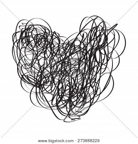 Tangled Heart On White. Chaos Pattern. Scribble Sketch. Background With Array Of Lines. Intricate Ch