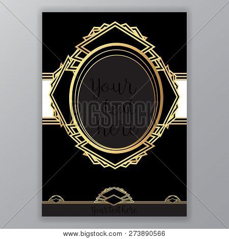 Art Deco Page Template, Gatsby Style For Web And Print, Circle Pattern With Golden Lines On Black Wi