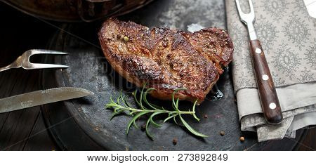 Fresh Juicy Medium Rare Beef Grillsteak. Barbecue Meat Close Up.