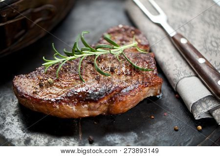 Fresh Juicy Medium Rare Beef Grillsteak. Barbecue Meat Close Up.