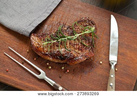 Fresh Juicy Medium Rare Beef Grillsteak. Barbecue Meat Close Up.