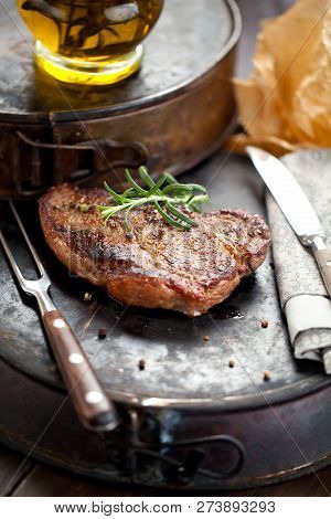 Fresh Juicy Medium Rare Beef Grillsteak. Barbecue Meat Close Up.