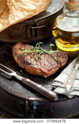 Fresh Juicy Medium Rare Beef Grillsteak. Barbecue Meat Close Up.