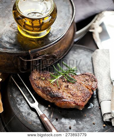 Fresh Juicy Medium Rare Beef Grillsteak. Barbecue Meat Close Up.