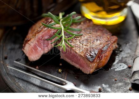 Fresh Juicy Medium Rare Beef Grillsteak. Barbecue Meat Close Up.