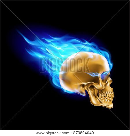 Golden Skull On Blue Fire With Flames. Illustration Of Speeding Flaming Skull From The Side On Black