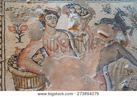 Image Of An Amazon. Mosaic Of The 3rd Century Ad In The Archaeological Park Sepphoris