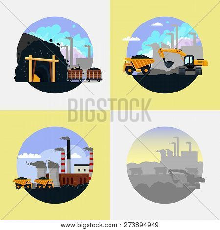 Coal Mining Industry Set Vector Flat Illustration