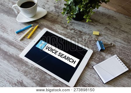 Voice Search Application On Device Screen. Internet And Technology Concept.
