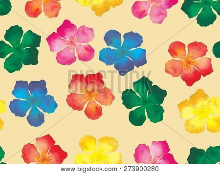 Hawaiian Watercolor Pattern. Rainbow Floral Tropical Seamless Print. Hibiscus And Oleander In Hawaii