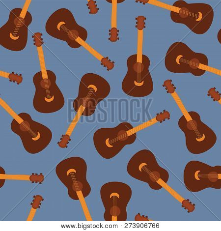 Guitars On A Blue Background Seamless Vector Pattern. Music Instrument Design Repeating Tile. Illust