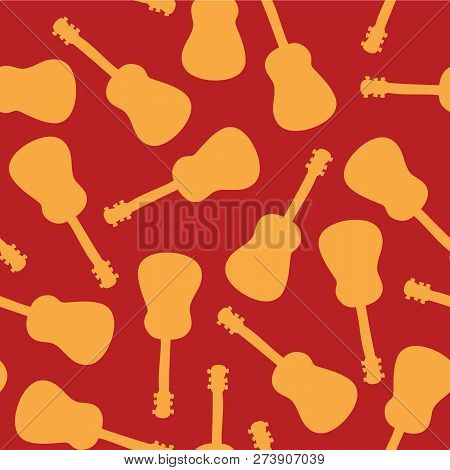 Guitar Silhouettes Seamless Vector Pattern Yellow On Red Background. Music Instrument Design Repeati