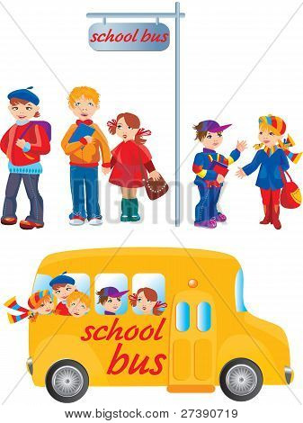 Crianças da escola no ônibus e ir para a escola de autocarro