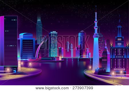 Vector Modern Megapolis On River At Night. Bright Glowing Buildings, Boardwalk And Bridge In Cartoon