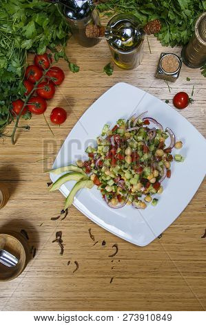 Black Beans Corn Avocado Cucumber Tomato Salad With Lime Dressing. Toning. Selective Focus
