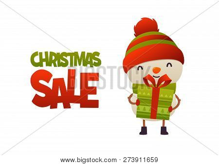 Happy Cute Cartoon Snowman With Gift Present Isolated On White Background