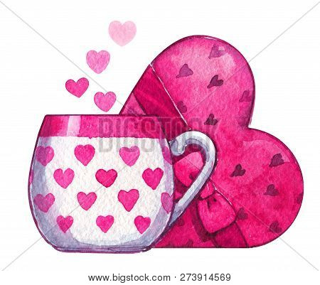 Valentines Day Love Cup Candy Hearts Watercolor