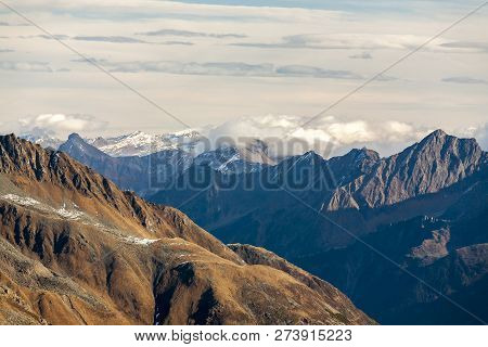 Beautiful View Of The Alps Mountains In Autumn Day, Austria, Stubai, Stubaier Gletscher Resort