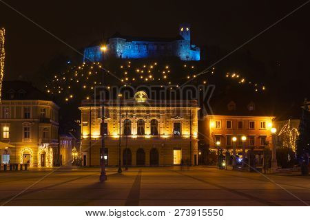 Ljubljana, Slovenia - December 18, 2017: Congress Square - Kongresni Trg - And View Of Ljubljana Cas