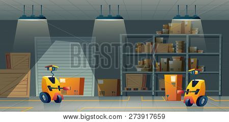 Vector Cartoon Storehouse With Robot-workers, Delivery By Smart Technologies. Background With Automa