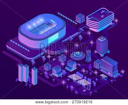 3d Isometric Megapolis With Stadium. Sport Arena In City In Violet Colors. Collection Of Skyscrapers