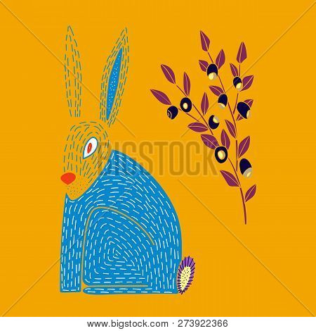 Vector Illustration Of Cute Hand Drawn Hare And Blueberry. Design For T-shirt, Card. Tribal African 