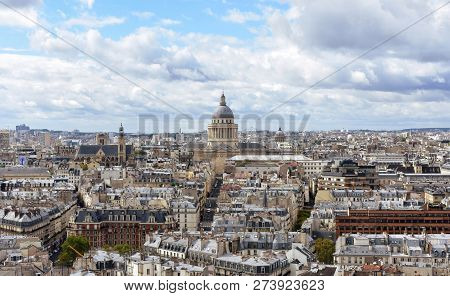 Paris, France. The Pantheon And The Latin Quarter From Notre Dame Viewpoint. Dome And Saint Etienne 