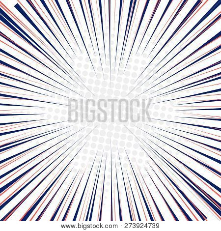 Radial Speed Lines Fast Motion Background With Circles Halftone. Pop Art Pattern And Zoom Effect. Co