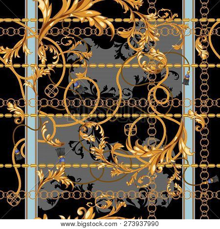 Baroque Patch With Golden Chains And Stucco. Seamless Pattern For Scarfs, Print, Fabric.