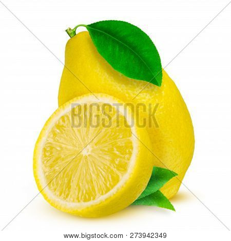 Lemon. Fruit With Half And Leaves Isolated On White