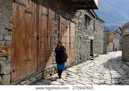 Street View On Cobblestone Street In The Lahic Mountain Village Of Azerbaijan