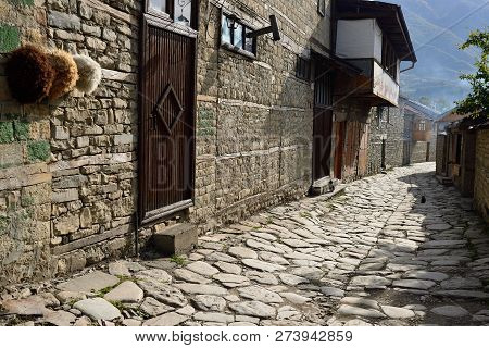 Street View On Cobblestone Street In The Lahic Mountain Village Of Azerbaijan