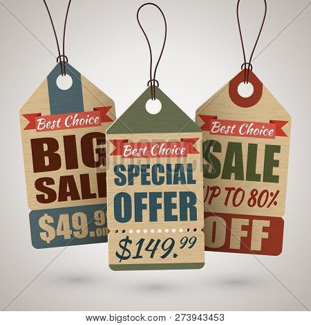 Set Of Vintage Cardboard Price Tags Or Sale Labels In Retro Style With Special Offers. Vector Illust