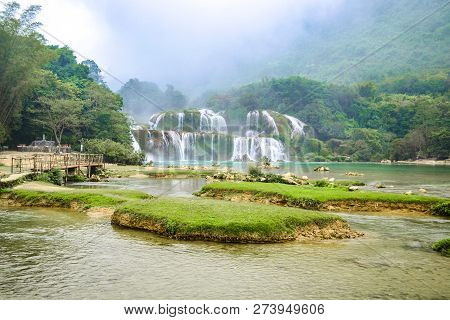 Ban Gioc Waterfall Or Detian Falls, Vietnam's Best-known Waterfall Located In Cao Bang Border With C