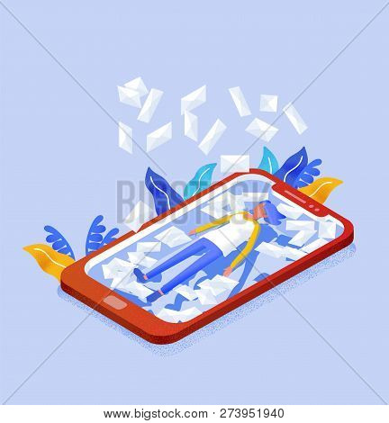 Female Internet User Lying On Screen Of Giant Mobile Phone And Letters In Envelopes Falling On Her. 