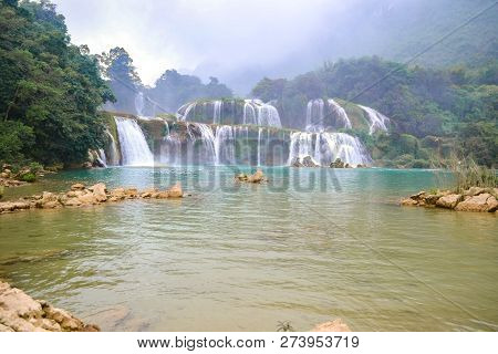 Ban Gioc Waterfall Or Detian Falls, Vietnam's Best-known Waterfall Located In Cao Bang Border With C